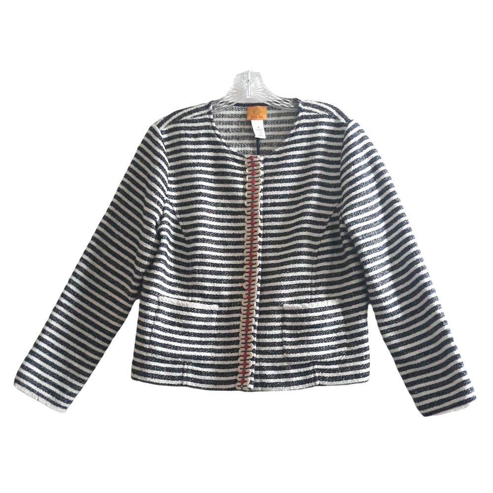 Ruby Rd Jacket Blazer Top Womens Size 10 Blue White Striped Fringed Pocket
